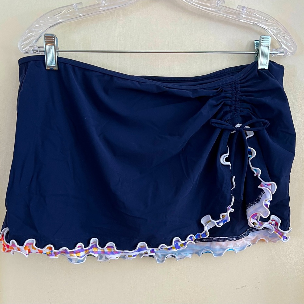 Gottex Harmony Navy Ruched Side Tie Slit Swim Skirt, Women’s 14 NWT